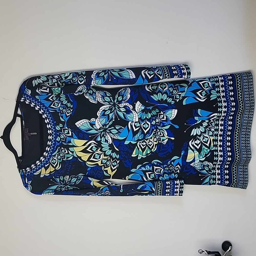 Hale Bob Butterfly Print Dress Size Small Blue Long Sleeve Stretch Knit Shift